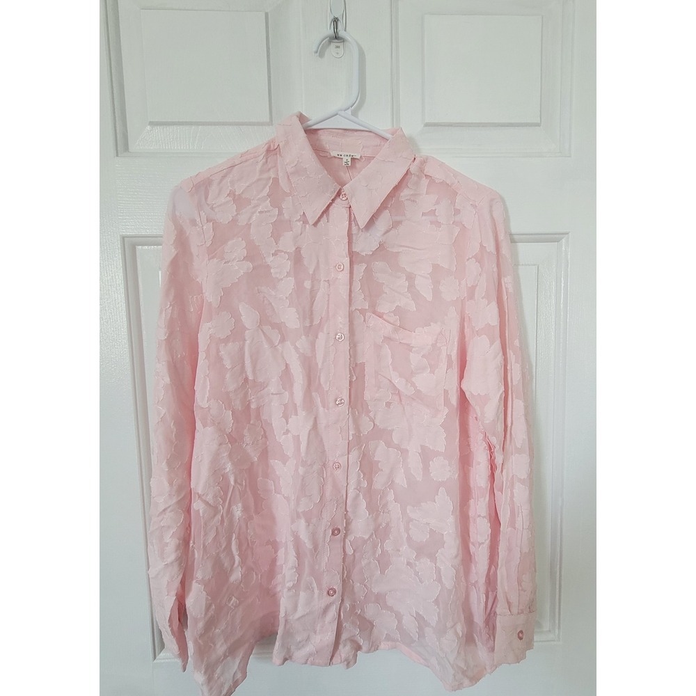 En Creme Sheer Chiffon Button Down Long Sleeve Blouse Women's Size Small Pink - Picture 2 of 8